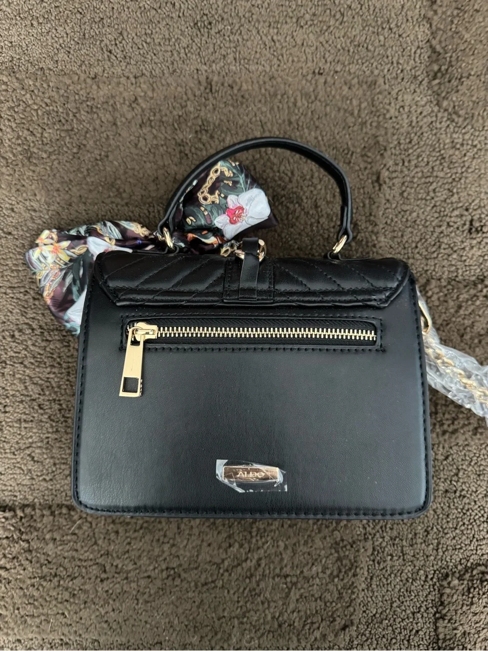 Aldo Black Quilted Satchel with Floral Scarf Accent